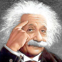 Albert Einstein pointing to his wild gray hair