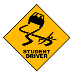 student driver traffic sign with swerving car