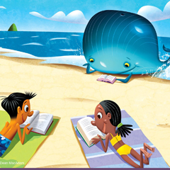 a boy, a girl, and a whale reading on the beach